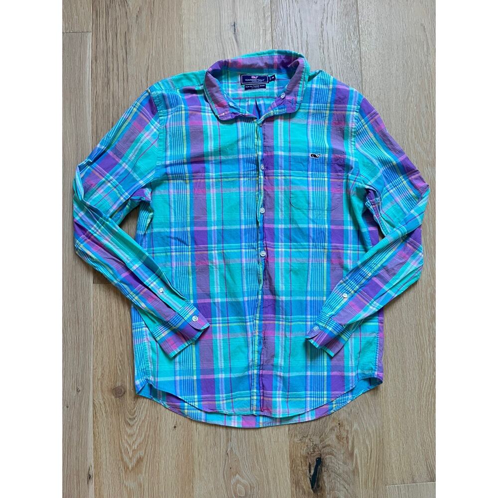 EUC! Vineyard Vines Men M Pink Blue Green Plaid Whale Shirt Cotton Button Down